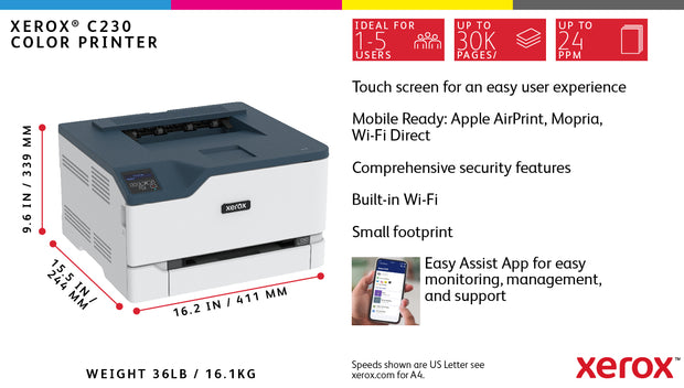 Xerox C230 A4 22 ppm trådlös dubbelsidig skrivare PS3 PCL5e6 2 magasin Totalt 251 ark