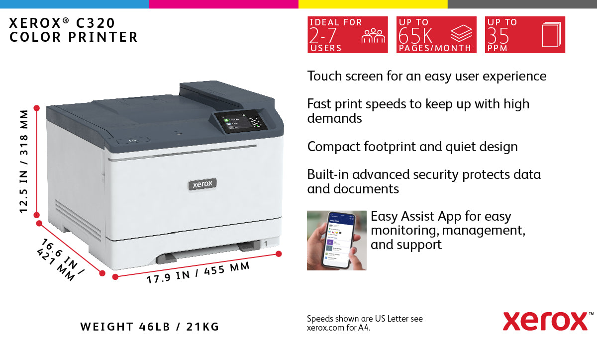 Xerox C320 A4 33 ppm trådlös dubbelsidig skrivare PS3 PCL5e/6 2 magasin Totalt 251