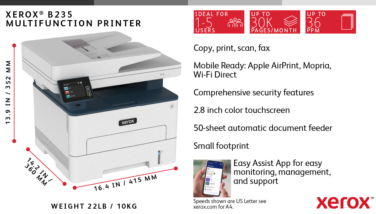 Xerox B235 A4 34 ppm trådlös dubbelkopiering/utskrift/scanning/fax PS3 PCL5e/6 ADF 2