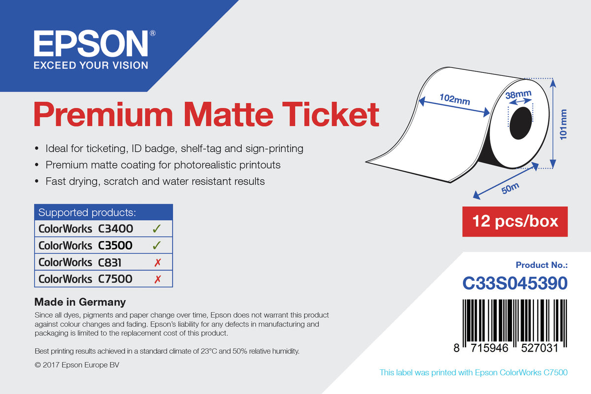 Epson Premium Matte Ticket rulle utskriftsbara Etiketter