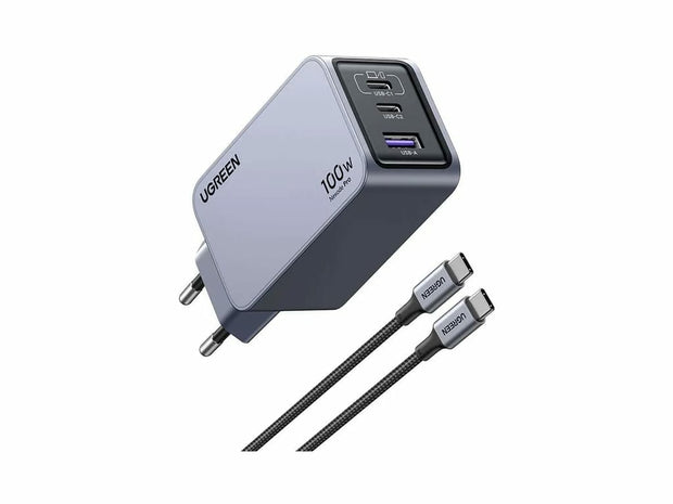 Ugreen Nexode Pro EU 3-Port GaN PD Fast Charger With USB-C Cable Universal Svart