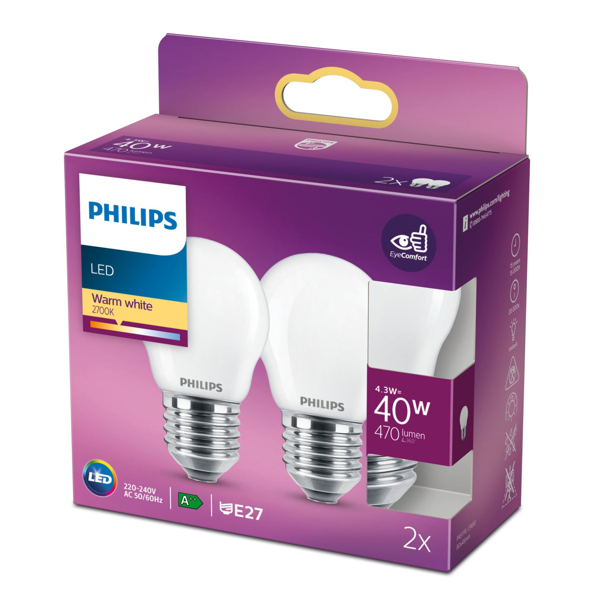 Philips Filamentkronljuskälla frostad 40 W P45 E27 x2