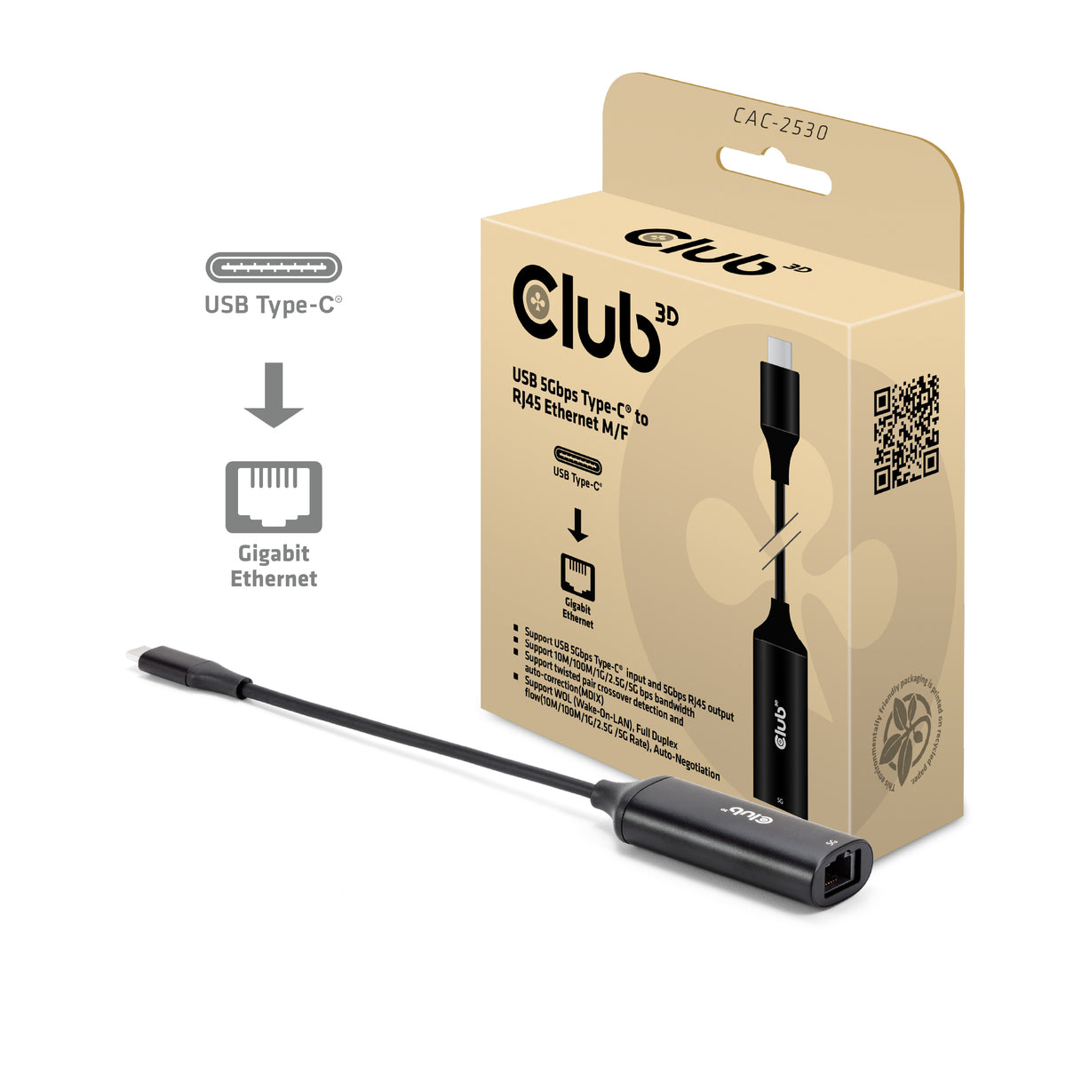 CLUB3D CAC-2530 dockningsstationer för bärbara datorer Kabel USB 3.2 Gen 1 (3.1 Gen