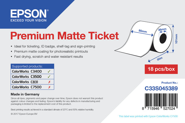 Epson Premium Matte Ticket rulle utskriftsbara Etiketter
