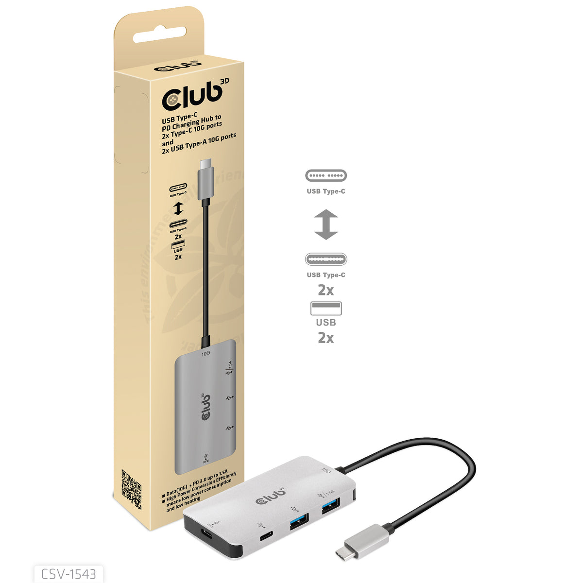 CLUB3D CSV-1543 gränssnittshubbar USB 3.2 Gen 2 (3.1 Gen 2) Type-C 10000 Mbit/s Svart