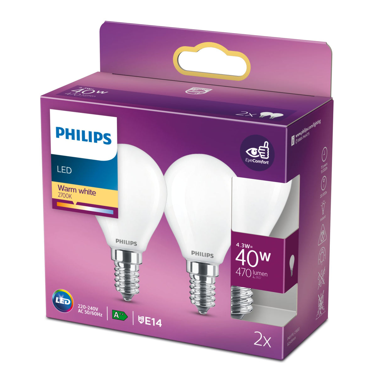 Philips Filamentkronljuskälla frostad 40 W P45 E14 x2