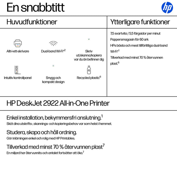 HP DeskJet 2922 Trådlöst All-in-One Färg Skrivare - Termisk bläckstråle - Duplex