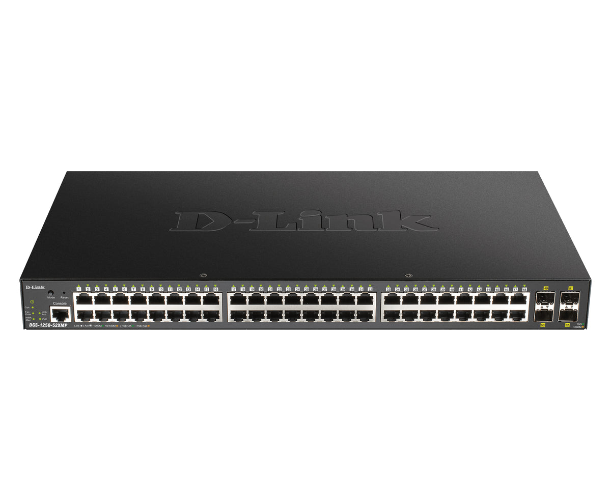 D-Link DGS-1250-52XMP hanterad L3 Strömförsörjning via Ethernet (PoE) stöd Svart