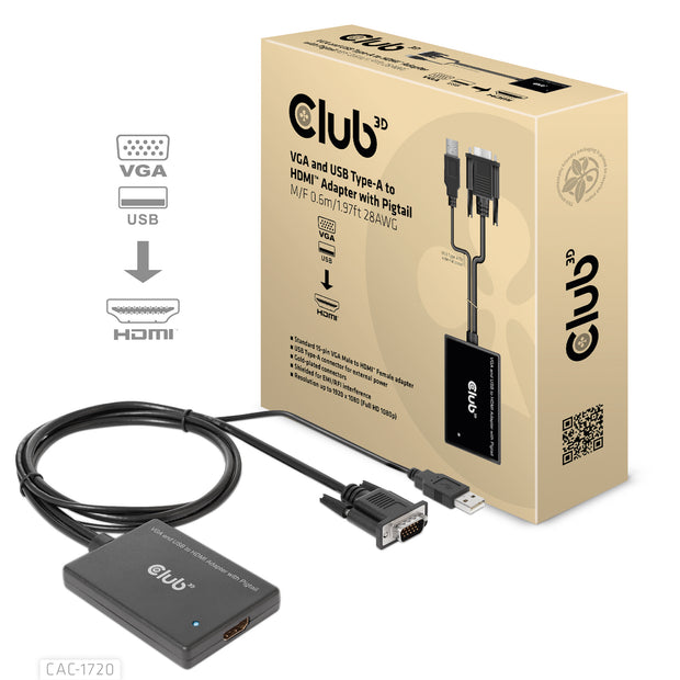 CLUB3D CAC-1720 videokabeladapter 0,6 m HDMI Typ A (standard) VGA (D-Sub) + USB Svart