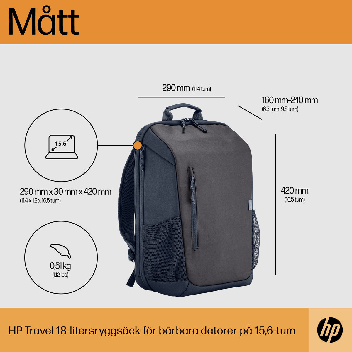 HP Travel 18 liter ryggsäck för 15,6 tum