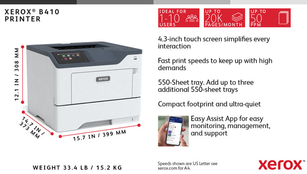 Xerox B410 A4 47 sid/min dubbelsidig skrivare PS3 PCL5e/6 2 magasin Totalt 650 ark
