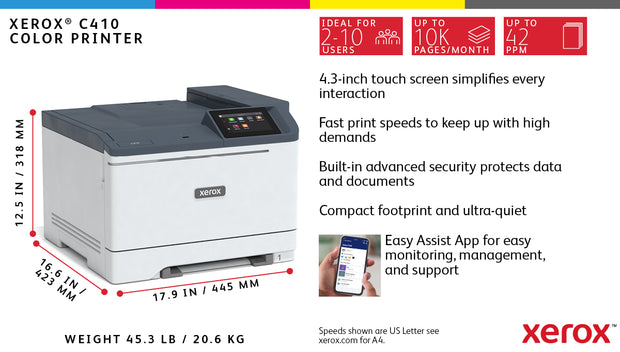 Xerox C410 A4 40 sid/min dubbelsidig skrivare PS3 PCL5e/6 2 magasin Totalt 251 ark