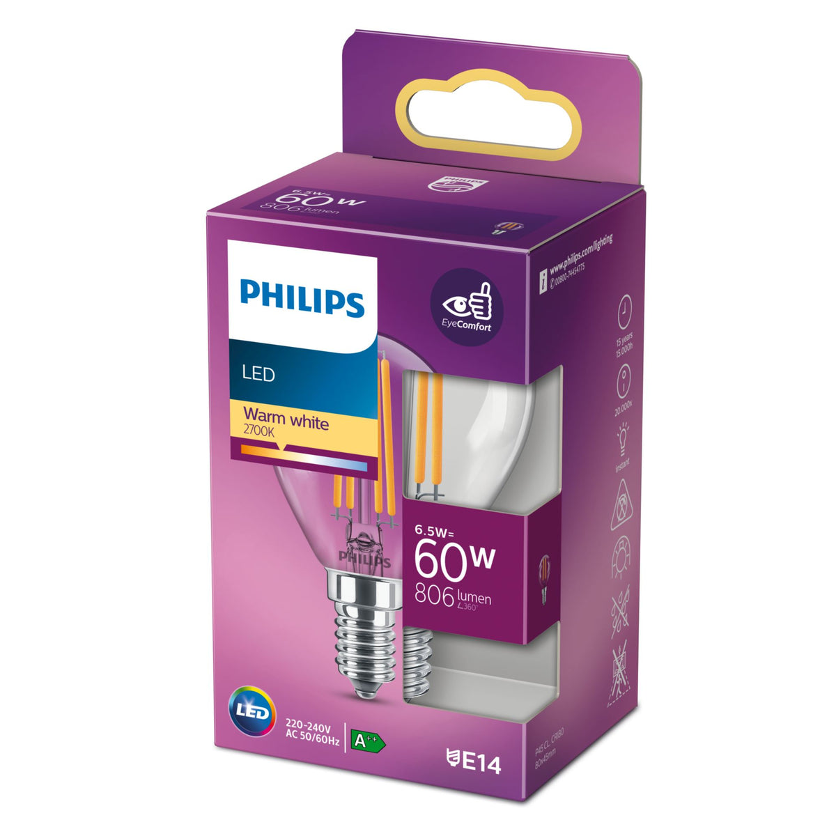 Philips Filamentkronljuskälla klar 60 W P45 E14