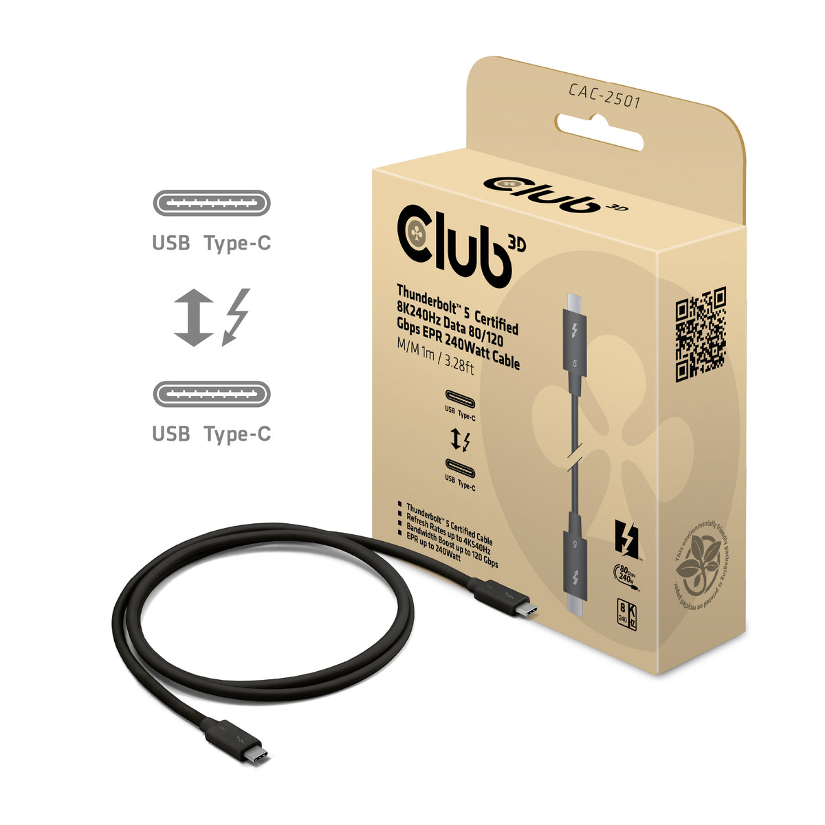 CLUB3D CAC-2501 Thunderbolt-kablar 1 m 120 Gbit/s Svart