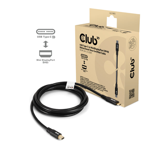 CLUB3D CAC-1561 DisplayPort-kabel 2 m Mini DisplayPort USB Type-C Svart