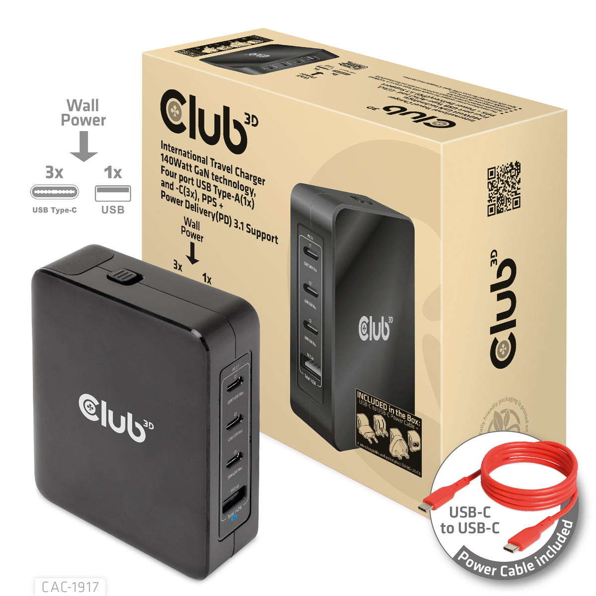 CLUB3D CAC-1917 mobilladdare Universal Svart AC Snabb laddning inomhus