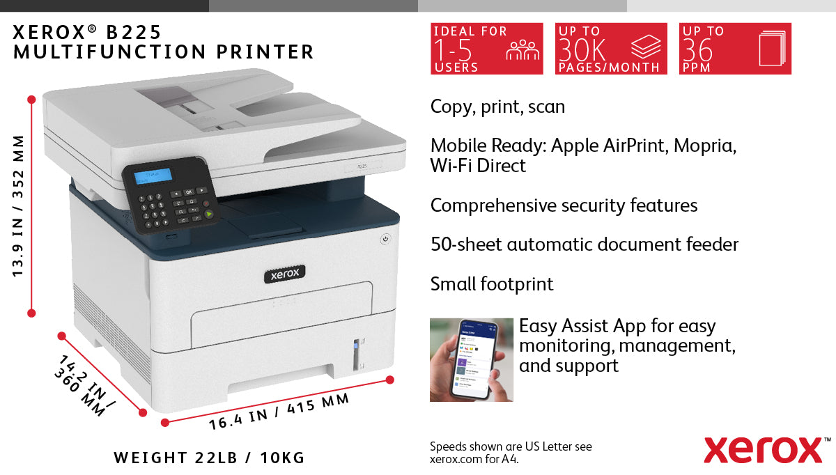 Xerox B225 A4 34 ppm trådlös dubbelkopiering/utskrift/scanning PS3 PCL5e/6 ADF 2