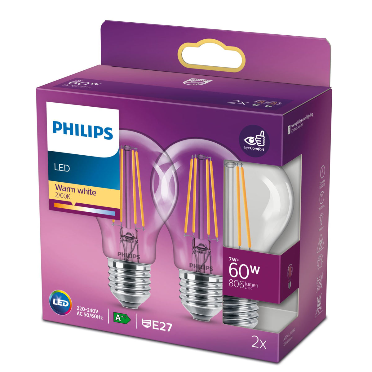 Philips Filamentljuskälla klar 60 W A60 E27 x2