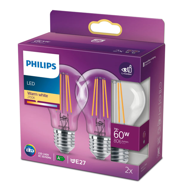 Philips Filamentljuskälla klar 60 W A60 E27 x2