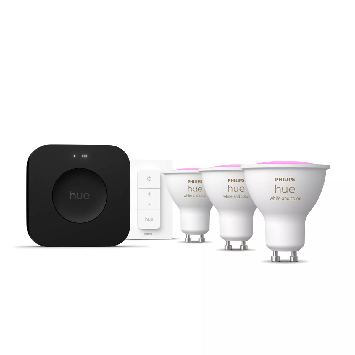 Philips Hue White och Color Ambiance Startpaket: 3 st GU10 ljuskällor + Dimmer
