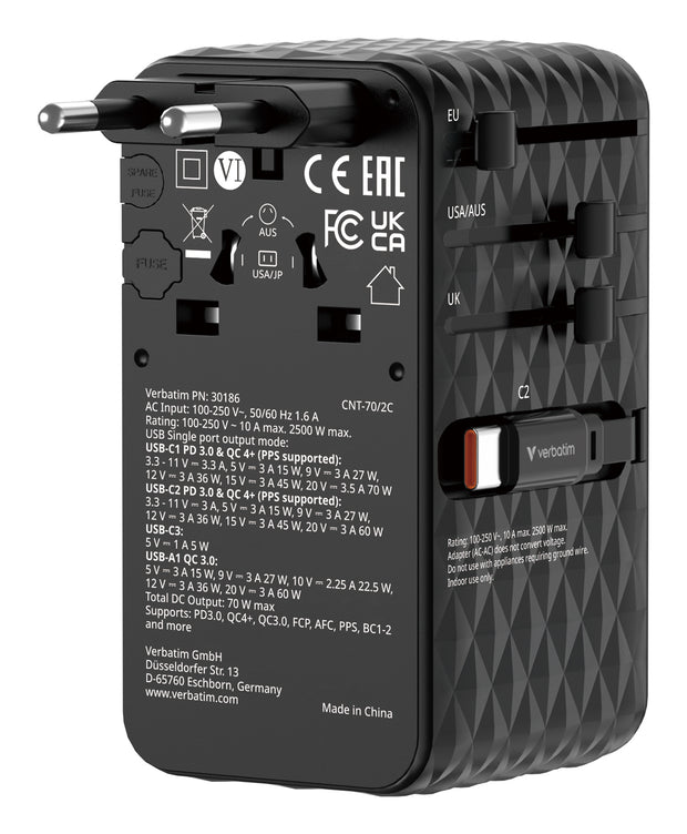 Verbatim Charge 'n' Travel 70W Universal Svart AC Snabb laddning inomhus