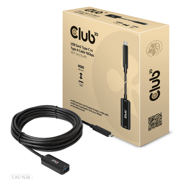 CLUB3D CAC-1536 USB-kablar USB 3.2 Gen 2 (3.1 Gen 2) 5 m USB C USB A 10 Gbit/s Svart