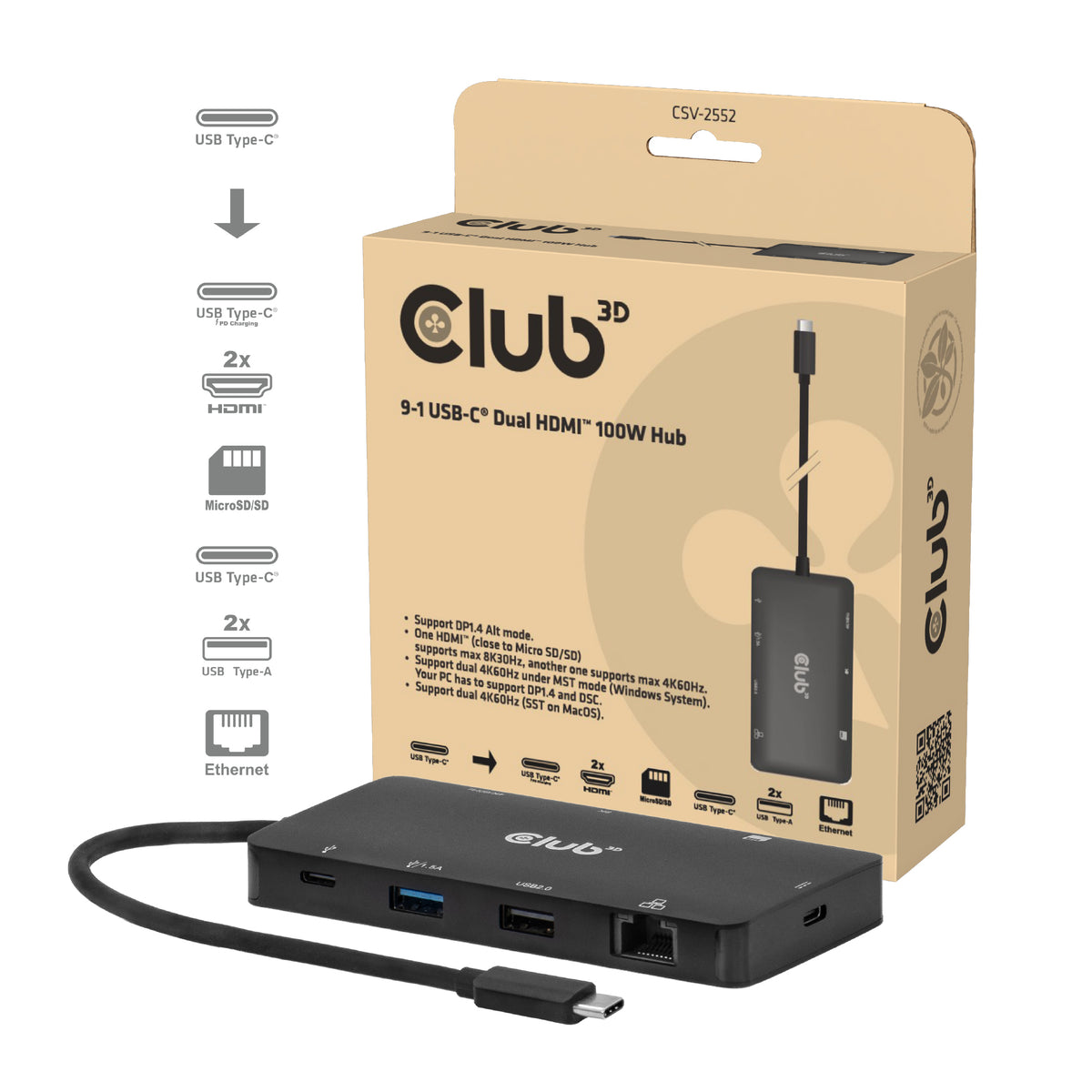 CLUB3D CSV-2552 gränssnittshubbar USB Type-C 5000 Mbit/s Svart