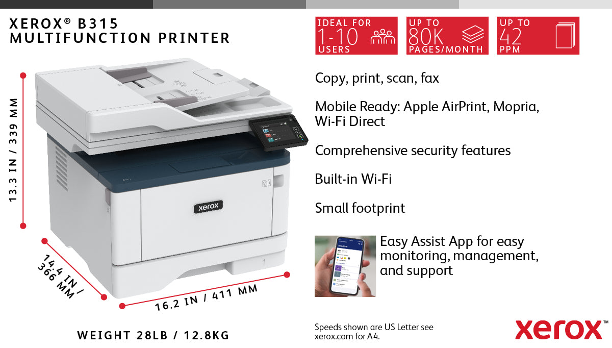 Xerox B315 A4 40 ppm trådlös dubbelkopiering/utskrift/scanning/fax PS3 PCL5e/6 2