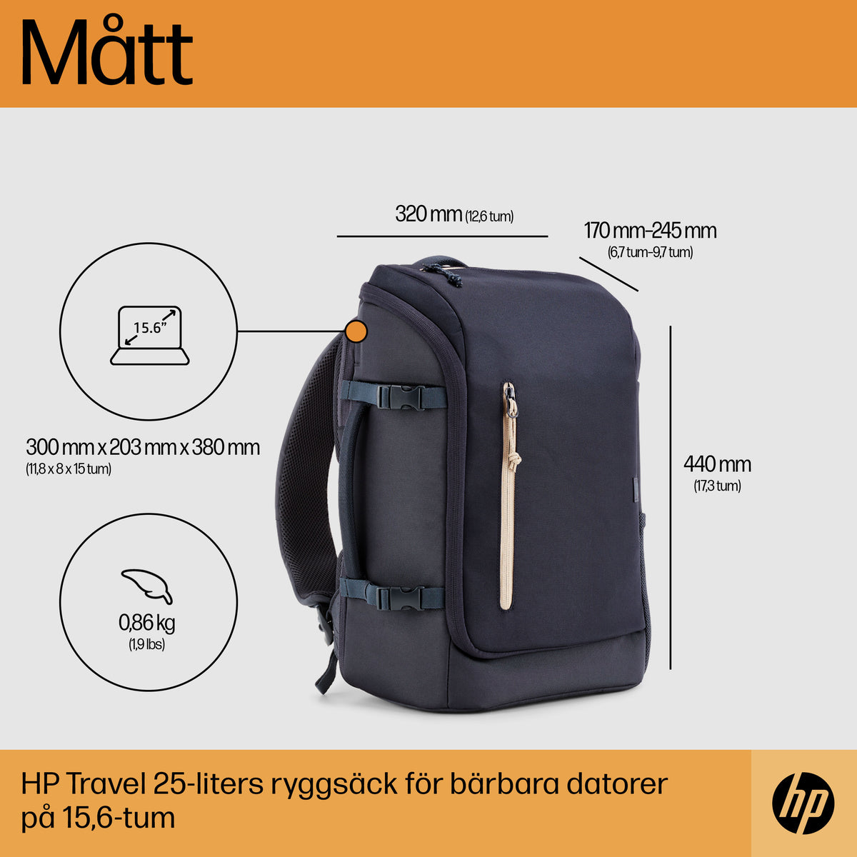 HP Travel 25 liter blå ryggsäck för 15,6 tum