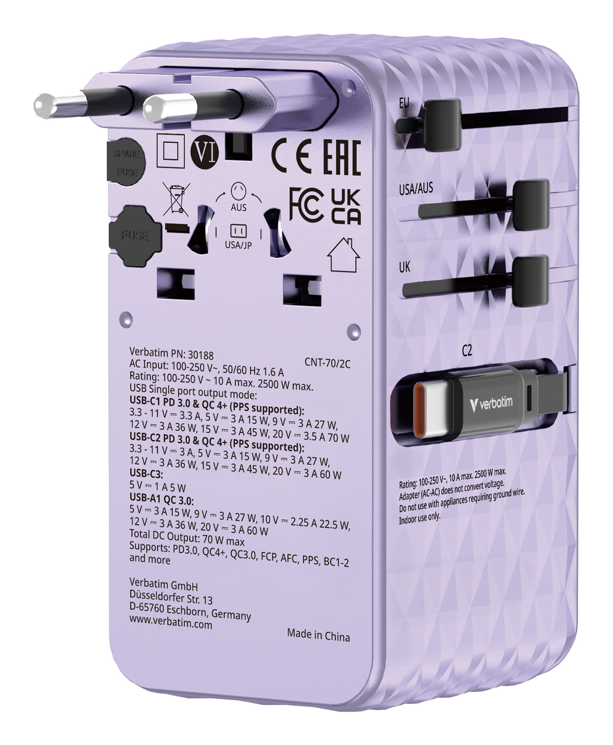 Verbatim Charge 'n' Travel 70W Universal Lila AC Snabb laddning inomhus