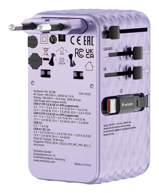 Verbatim Charge 'n' Travel 70W Universal Lila AC Snabb laddning inomhus