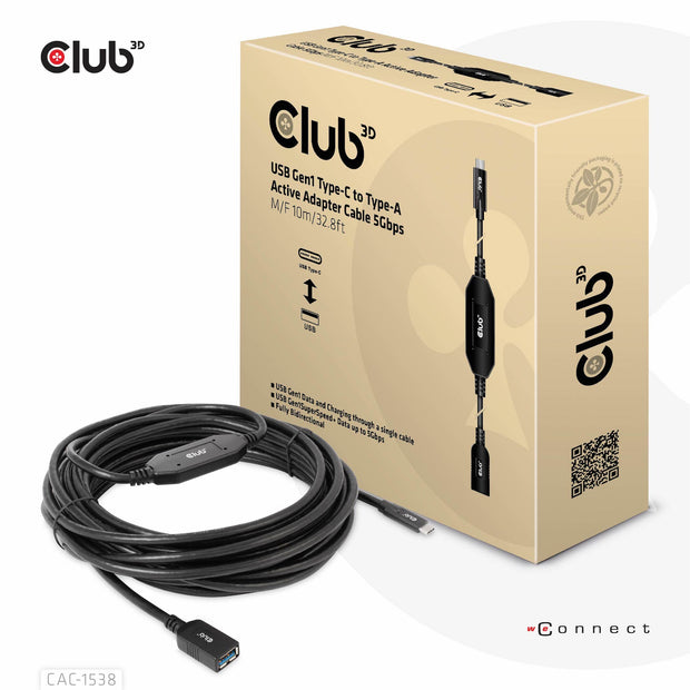CLUB3D CAC-1538 USB-kablar USB 3.2 Gen 1 (3.1 Gen 1) 10 m USB C USB A 5 Gbit/s Svart