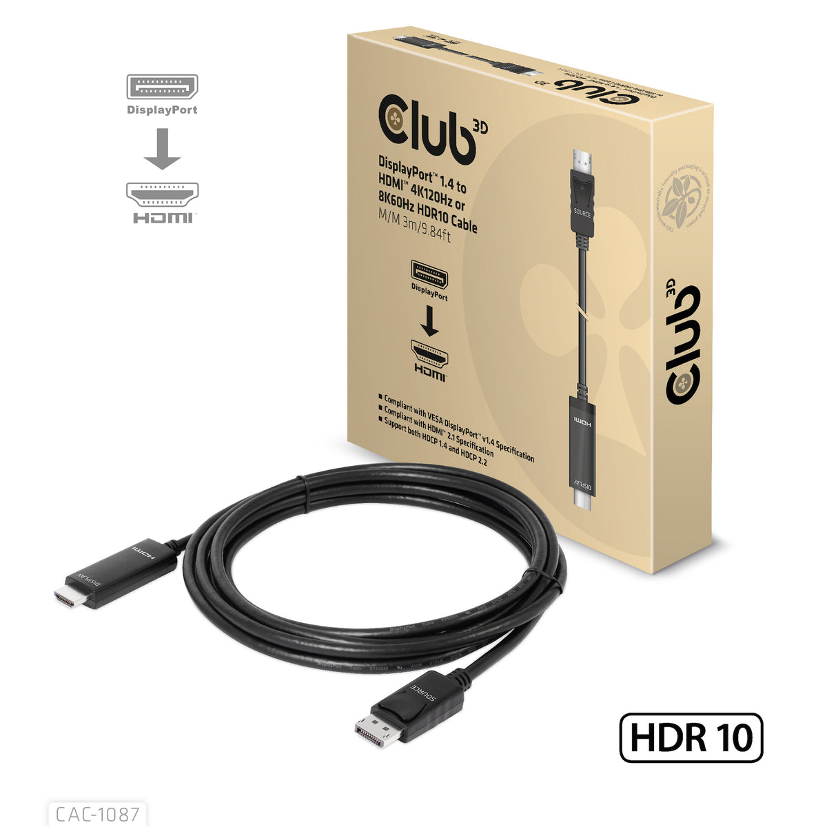 CLUB3D CAC-1087 videokabeladapter 3 m DisplayPort HDMI Svart