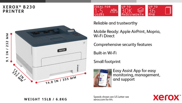 Xerox B230 A4 34 ppm trådlös dubbelskrivare PCL5e/6 2 magasin Totalt 251 ark - Laser