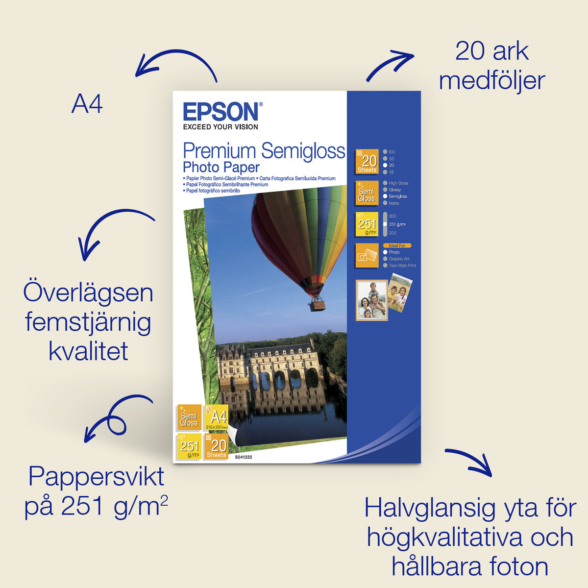 Epson A4 Premium Semigloss Photo Paper 251 g/m²