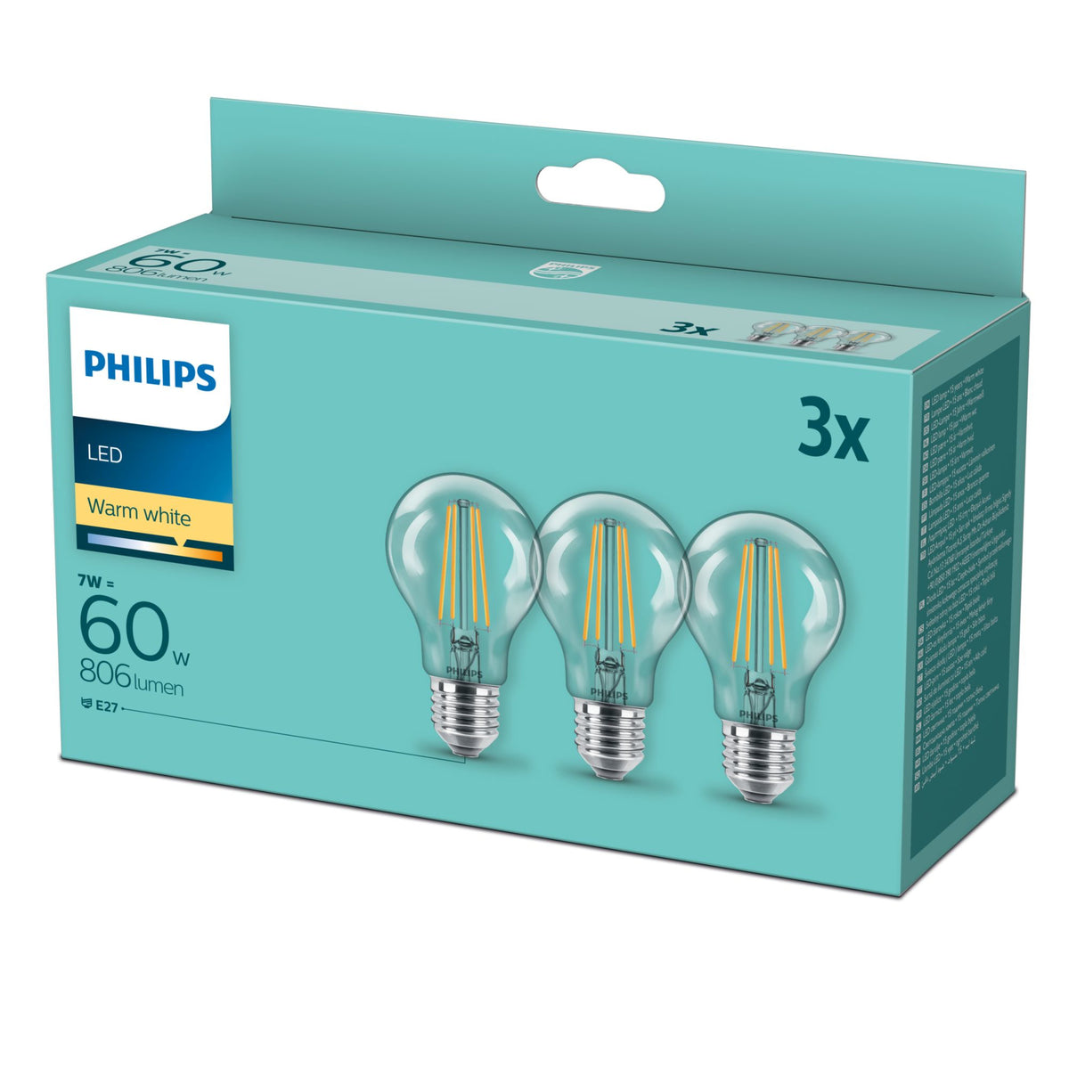 Philips Filamentljuskälla klar 60 W A60 E27 x3