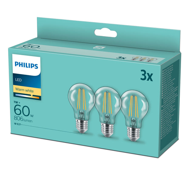 Philips Filamentljuskälla klar 60 W A60 E27 x3