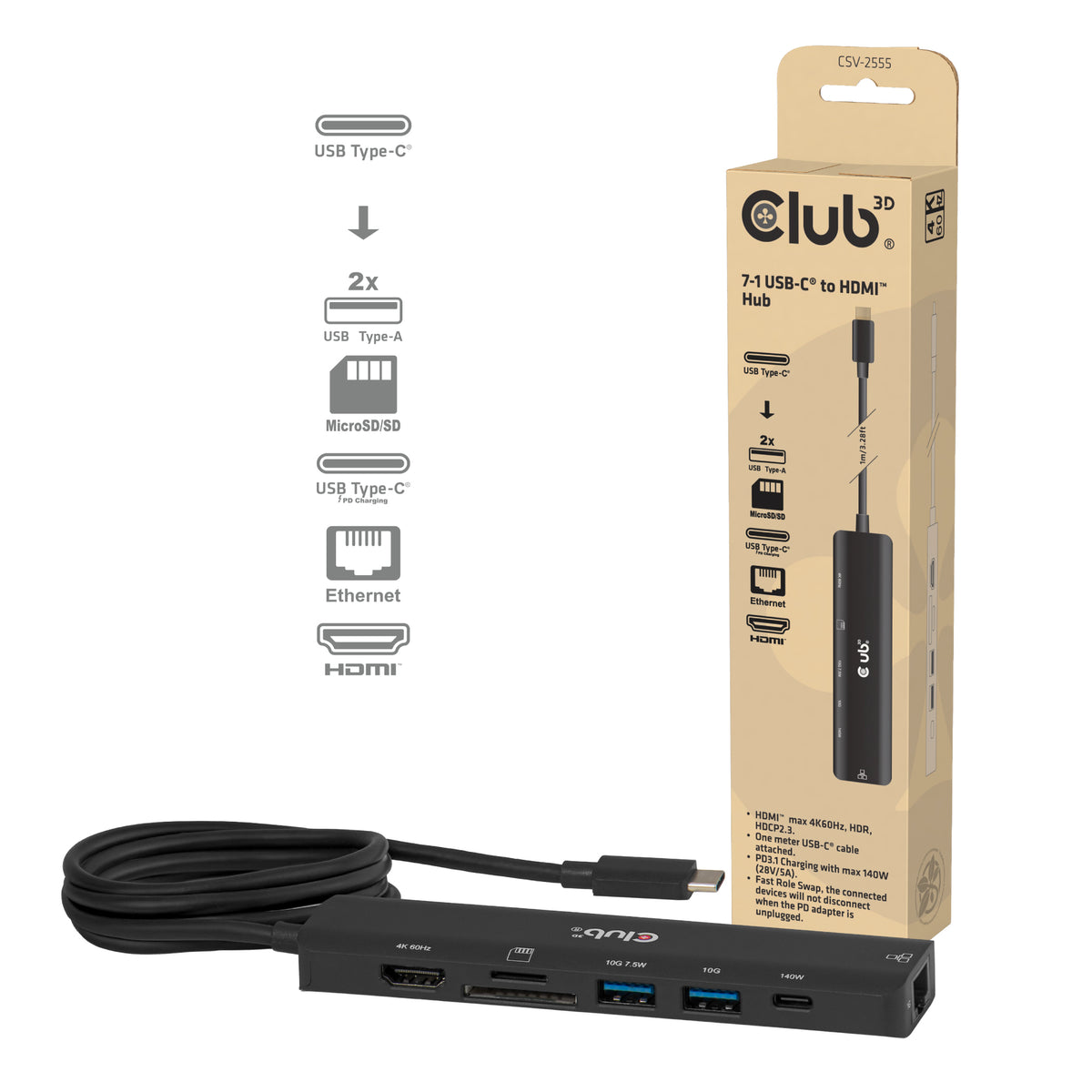 CLUB3D CSV-2555 dockningsstationer för bärbara datorer Kabel Svart