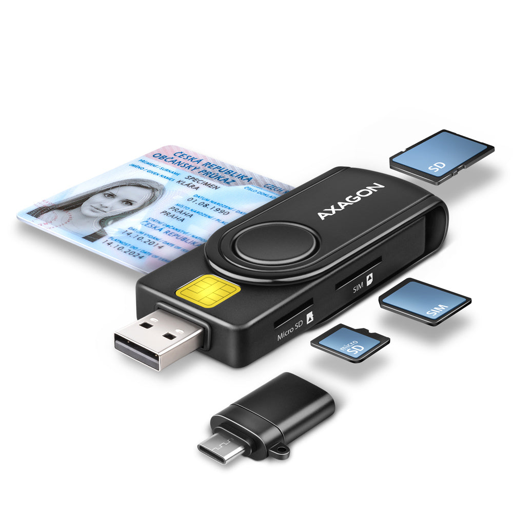 Axagon CRE-SMP2A USB Smart card & SD/microSD/SIM PocketReader läsare smarta kort