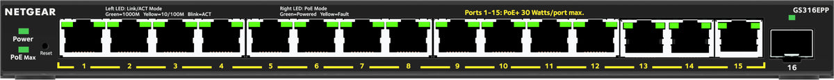 NETGEAR GS316EPP hanterad Gigabit Ethernet (10/100/1000) Strömförsörjning via