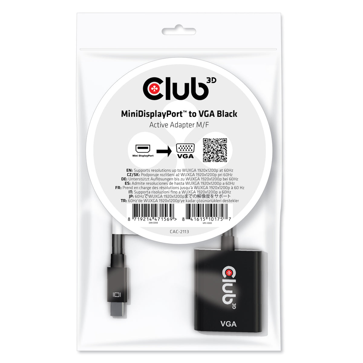 CLUB3D CAC-2113 videokabeladapter 0,228 m Mini Displayport VGA Svart
