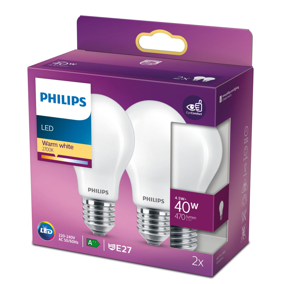 Philips Filamentljuskälla frostad 40 W A60 E27 x 2