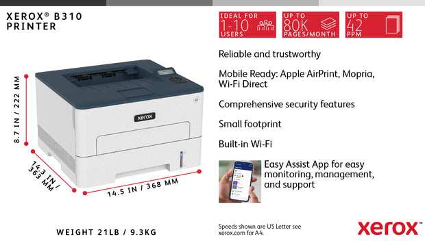 Xerox B310 A4 40 ppm trådlös dubbelsidig skrivare PS3 PCL5e/6 2 magasin Totalt 350