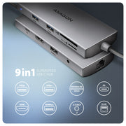 Axagon HMC-8HLSA dockningsstationer för bärbara datorer Kabel USB 3.2 Gen 1 (3.1 Gen
