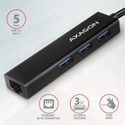 Axagon HMC-GL3A USB-C-Hub 3x USB-A Gbit-LAN schwarz Kabel USB 3.2 Gen 1 (3.1 Gen 1)