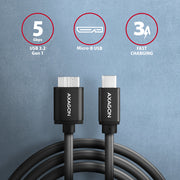 Axagon BUMM3-CM10AB USB-kablar USB 3.2 Gen 1 (3.1 Gen 1) 1 m Micro-USB B USB C 5