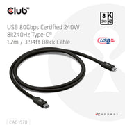 CLUB3D CAC-1570 USB-kablar USB4 Gen 2x2 1,2 m USB C 80 Gbit/s 240 W Svart