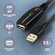 Axagon ADR-207 USB-kablar USB 2.0 7,5 m USB A 0,48 Gbit/s Svart
