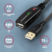 Axagon ADR-215 USB 2.0 A-M -> A-F active extension/repeater cable 15m