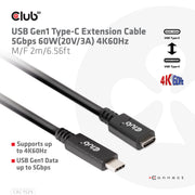 CLUB3D CAC-1529 USB-kablar USB 3.2 Gen 1 (3.1 Gen 1) 2 m USB C 5 Gbit/s 60 W Svart